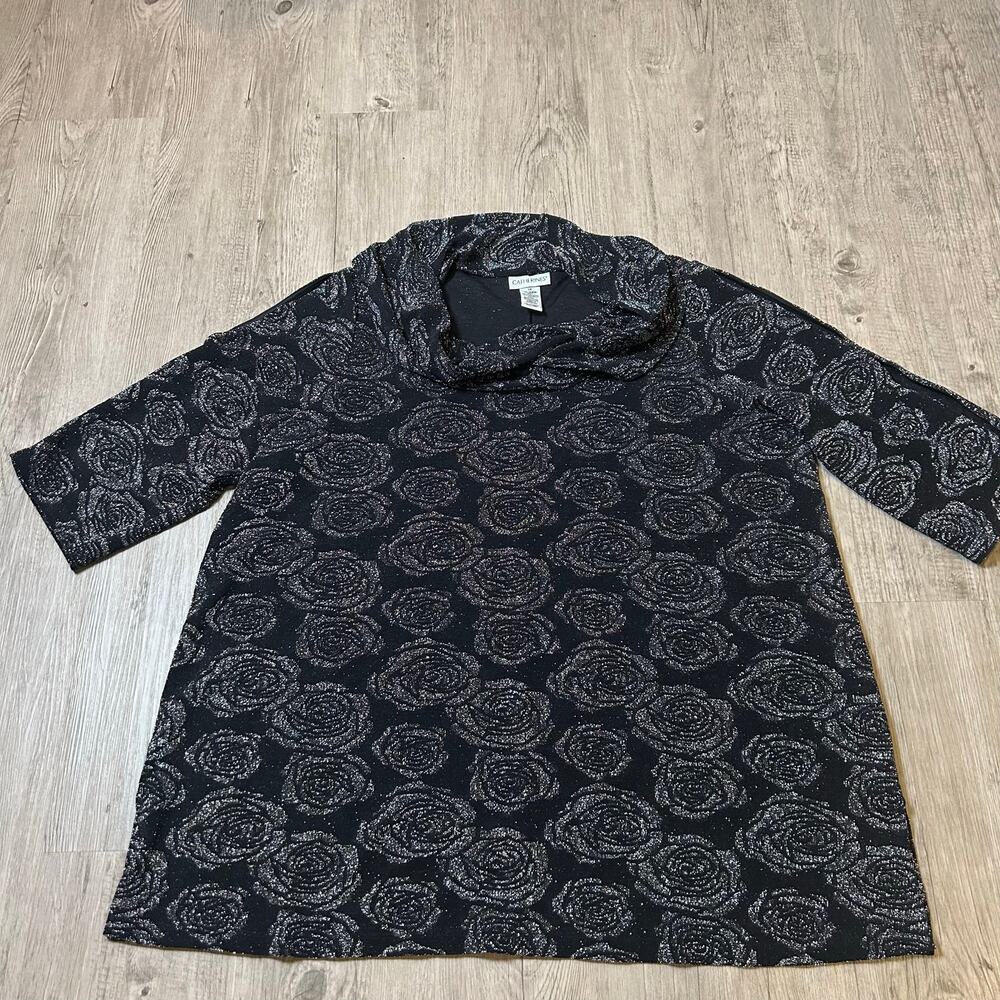 Catherine’s Black Metallic Floral Turtleneck Blouse Cutout Shoulder Elbow Top 1X